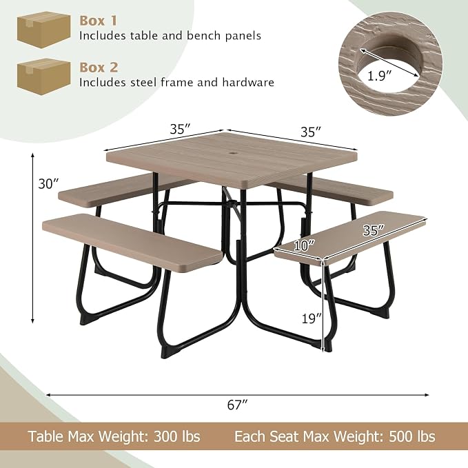 Tangkula 8 Person Picnic Table, Outdoor Square Picnic Table with 4 Built-in Benches, Umbrella Hole, Metal Frame & HDPE Tabletop, Outside Table and Bench Set for Backyard, 2300lbs Weight Capacity