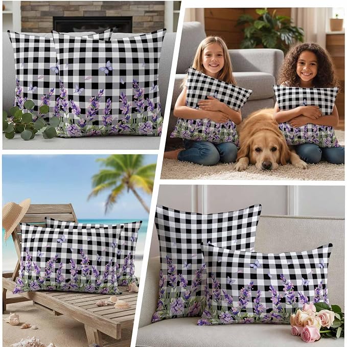 Lavender Floral Outdoor Waterproof Pillow Covers, Purple Flowers Butterfly Black Gray Plaid Decorative Rectangle Throw Pillowcase Sofa Cushion Sham for Patio/Couch/Chair, 20"x12" 2 Pack