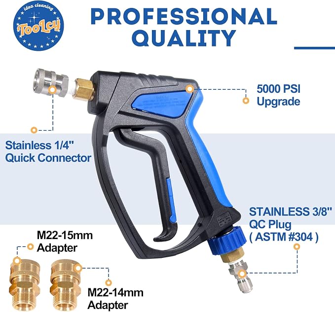 TOOLCY Short Pressure Washer Gun with Swivel, 3/8" QC Inlet and Stainless 1/4" Quick Connector, 5000 PSI, 10.5 GPM, Stubby High Pressure Gun, Solid Brass M22 14mm & 15mm Fitting and 5 Nozzle Tips