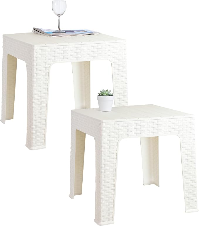 Sunnydaze Adirondack Small Outdoor Side Table for Balcony Essentials - Plastic Square End Table for Outside Patio - Set of 2 - White
