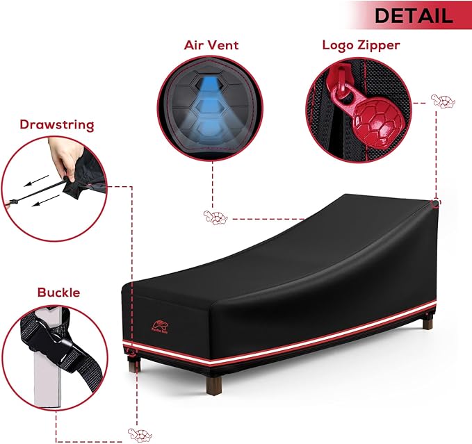 Turtle Life Patio Lounge Chair Cover Waterproof Heavy Duty Outdoor Chaise Lounge Covers with Upgrade Air Vent, 1 Pack - 74L x 32W x 32H inch, Black