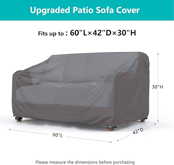 Patio Sofa Cover Waterproof - Heavy Duty 2-Seater Outdoor Couch Cover, Patio Furniture Covers with Air Vent and Handles, 60"L ×42" D×30" H, Gray