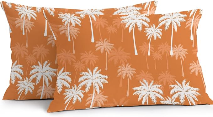 Lumbar Pillow Covers 20x12 Inch Set of 2, Tropical Palm Tree Waterproof Outdoor Pillow Covers, Orange White Plants Coastal Leaf Beach Decorative Cushion Pillowcases for Couch, Sofa, Bed, Garden, Patio