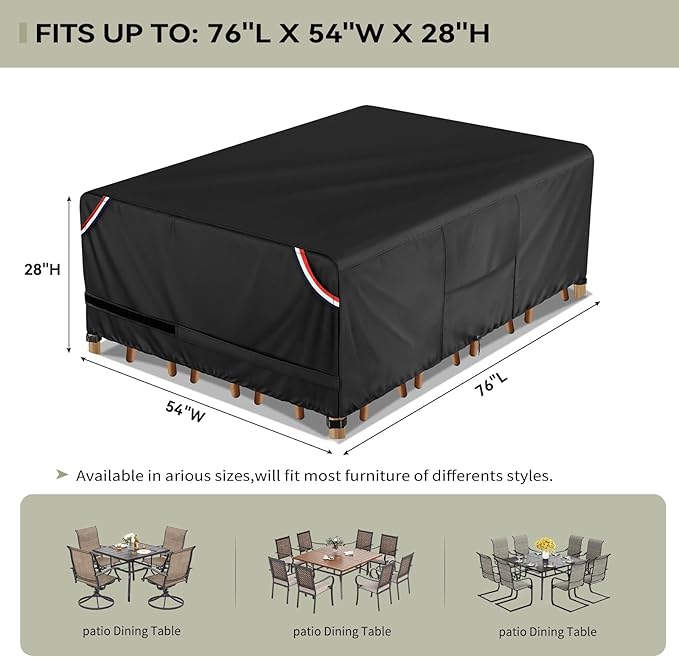KylinLucky Waterproof Patio Table Cover 76"x54", Heavy Duty 600D Rectangular Outdoor Table Protector with Leg Clips & Windproof Design, Black