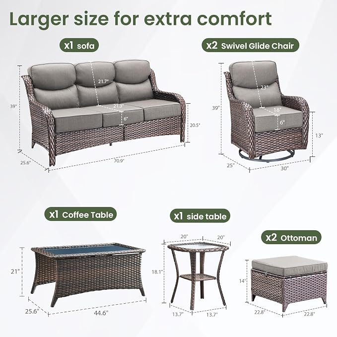 Swivel Patio Chairs sofa Set of 7 - 6" Thick Cushion - Wicker Outdoor Swivel Rocker Patio Chair ,Sofa/Glass coffee table, High Back Comfortable Outdoor Glider Chairs - Brown Wicker | Grey Cushions