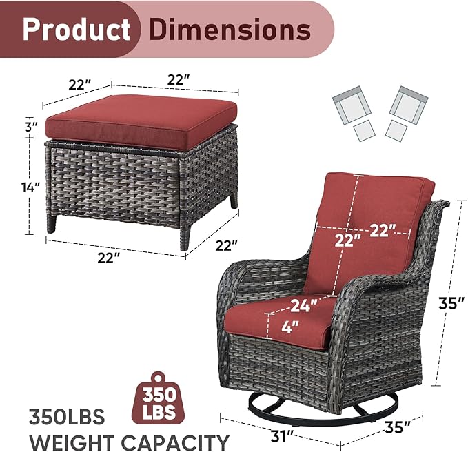 Outdoor Swivel Chairs-Patio Swivel Glider Chairs with Ottomans Outdoor Conversation Set for Deck Balcony Poolside Backyard-Grey/Red