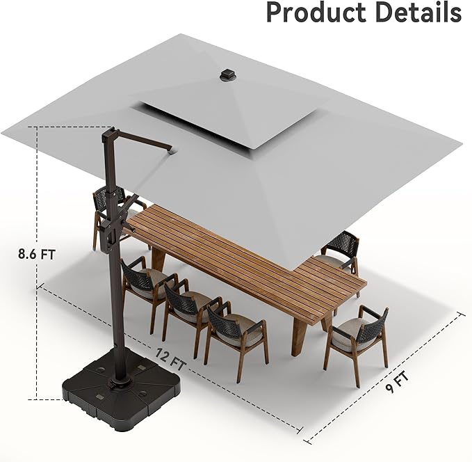 9' X 12' Cantilever Patio Umbrella with Base Included and Led Lights Double Top Rectangular Outdoor Large Offset Umbrellas with 7 Tilts Adjustable 360°Rotation for Deck Pool Garden Backyard, Fog Grey
