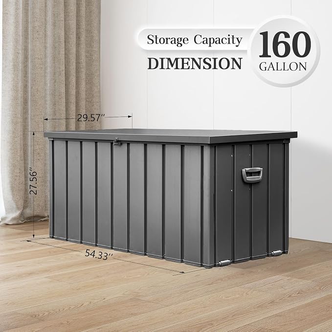 Domi 160Gallon Deck Box, Metal Outdoor Storage Box with Lock Wheels, Waterproof Outside Storage Box for Patio Cushions