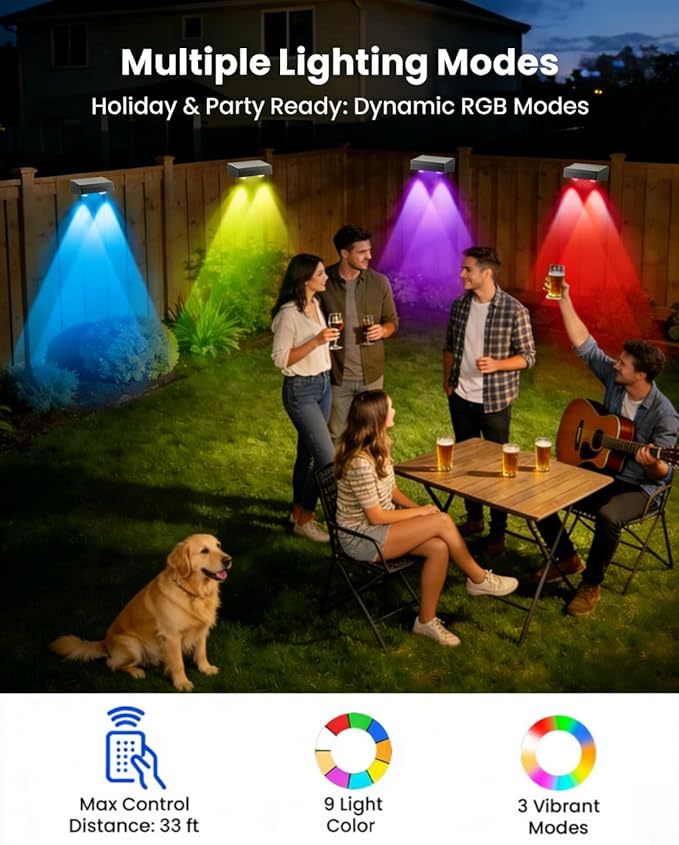 Solar Fence Lights Outdoor Waterproof 8 Pack 60 LM Brighter Dual LED Spot Lens 12 Modes & 9 Colors Deck Lights Solar Powered Wall Lighting Decor for Outside Yard Step Patio Porch Railing Pool