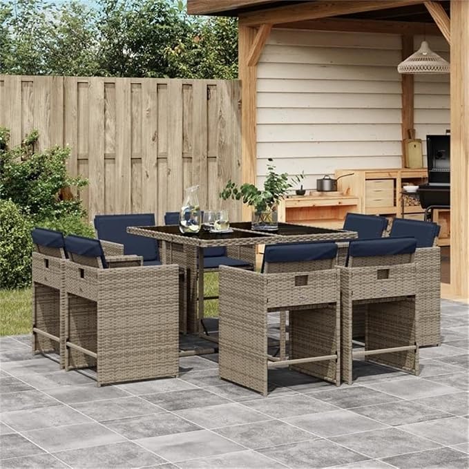 Afuera Living 9 Piece Rattan Patio Dining Set, Gray Finish, Weather-Resistant PE Rattan, Powder-Coated Steel Frame, Removable Cushions, UV-Resistant, Seats 8, Outdoor Garden or Terrace Furniture Set