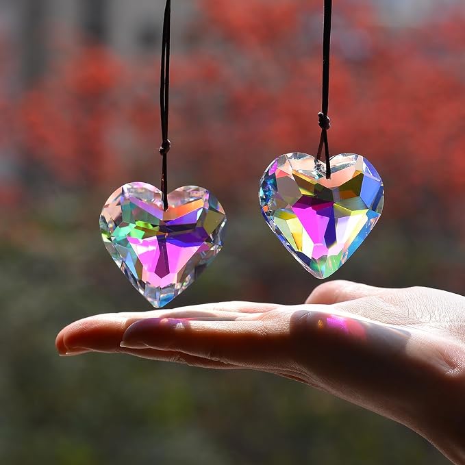 2PCS Heart Crystal Suncatcher Prisms for Windows (1, Heart ABColor 2Pcs) | AB Color, Transparent, K9 Glass, Rainbow Maker, with Hooks & Cord