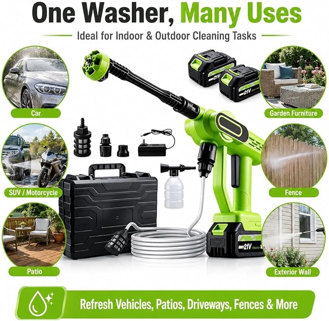 2026 Upgrade Cordless Portable Pressure Washer,1800 Psi Battery Powered Power Washer,Cordless Pressure Washer with 6-in-1 Nozzle,16.5ft Drain Hose & Foam Cannon,for Car,Home,Patio (C, 5 Battery*2)