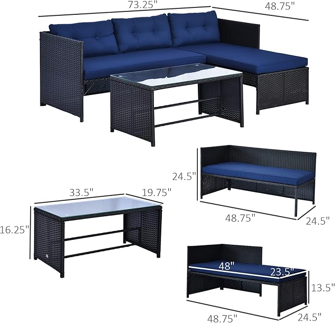 Outsunny 3 Piece Patio Furniture Set, Rattan Outdoor Sofa Set with Chaise Lounge & Loveseat, Soft Cushions, Tempered Glass Table, L-Shaped Sectional Couch, Blue