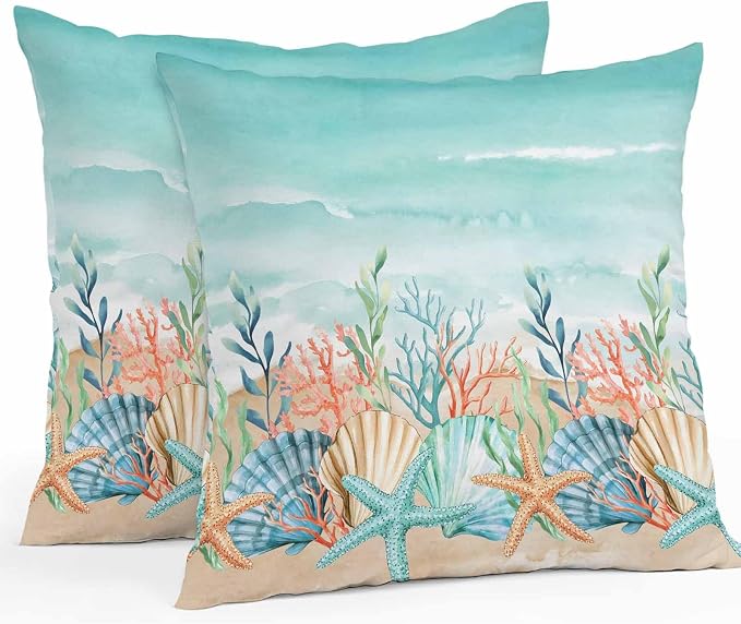 Throw Pillow Covers 18x18 Inch Set of 2, Coastal Beach Waterproof Outdoor Pillow Covers, Ocean Wave Summer Sea Starfish Coral Teal Beige Decorative Cushion Pillowcases for Couch, Sofa, Bed, Patio