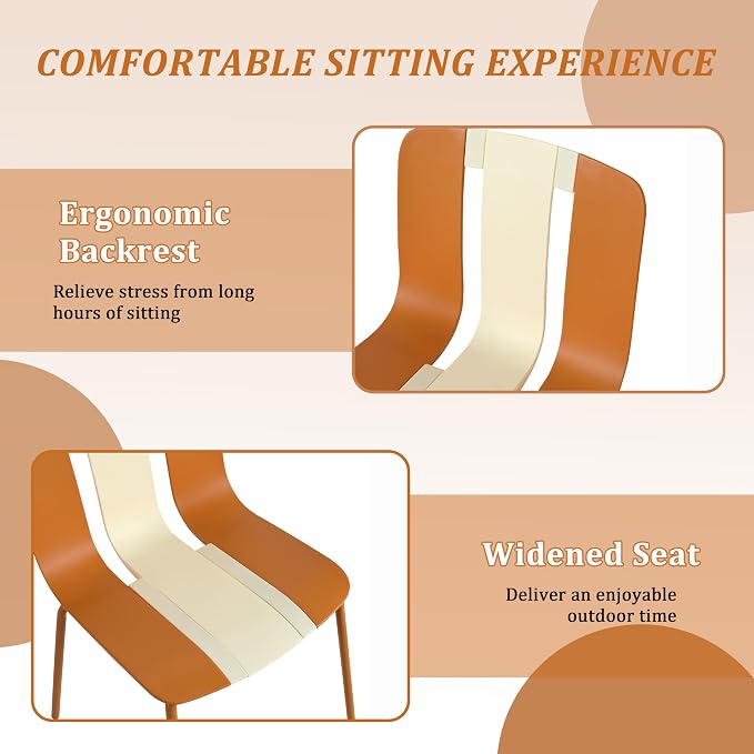 LUMISOL 5 Piece Outdoor Dining Table Set, All Weather Rectangular Table and Chairs Set with Striped Color Block Chairs and Sturdy Metal Legs for Garden, Backyard, Poolside, Beige+Orange+White