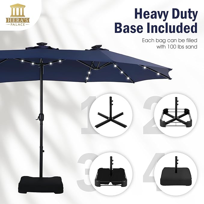 HERA'S PALACE 15ft Patio Umbrella with Base Included Double Sided Outdoor Umbrella for Patio Table Umbrella Outdoor 36 LED Solar Lights for Garden