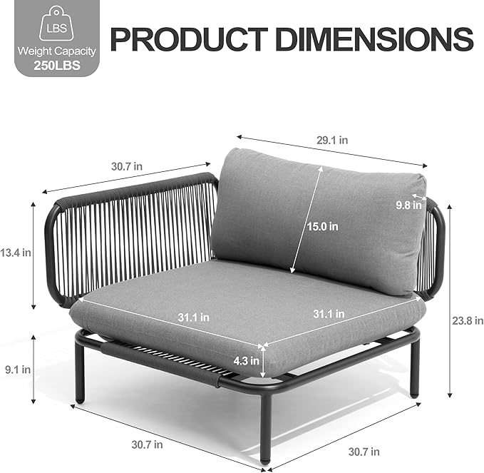 6 Piece Modern Outdoor Sectional Sofa, 31" Oversized Patio Furniture Set with Olefin Woven Rope, Weather-Resistant Metal Frame and Removable Cushion, Dark Grey