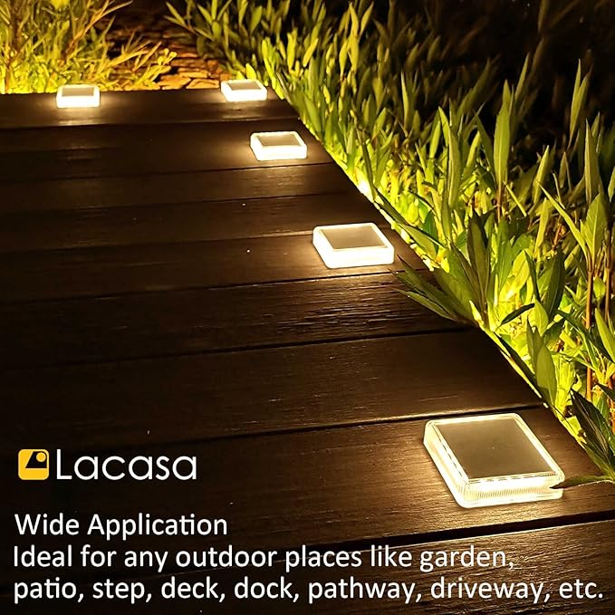 Lacasa 4 Pack Solar Deck Lights Outdoor Waterproof LED, Garden Step Lights Solar Powered Driveway Dock Marine, Dusk to Dawn Lighting for Yard Patio Pathway, Square, Warm White