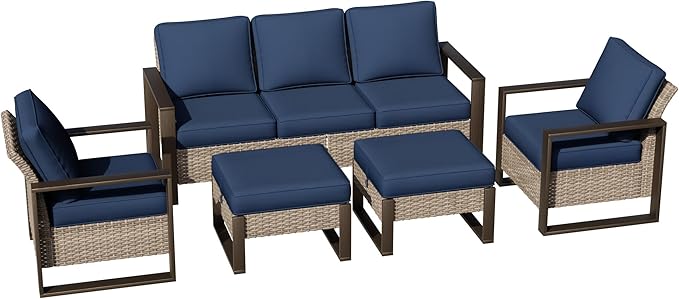 Joyside Outdoor Patio Chairs, 5 Pieces Wicker Rattan Furniture Set, 2 Patio Chairs, 1 Sofa and 2 Ottoman, Metal Wide Armrest, Thick Cushions and Deep Seating for Garden, Backyard, Porch, Deck