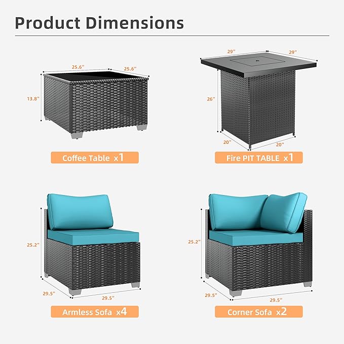 7-Piece Outdoor Patio Sectional Sofa Set – PE Wicker Rattan Conversation Furniture with Coffee Table, Cushions & Clips, Modular Patio Couch for Porch, Poolside, Backyard, Garden – Black Rattan