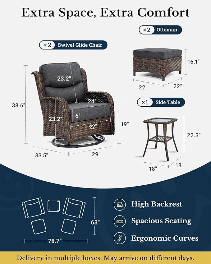 HILLGA Luxury Patio Furniture Set with 6-Inch Thick Cushions, High Back Outdoor Swivel Rocker Chairs and Ottoman, 5-Piece All Weather Conversation Set for Porch Deck Balcony Yard, Dark Grey (V3)