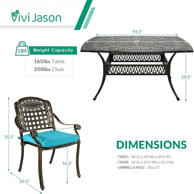 VIVIJASON 9-Piece Outdoor Dining Set, Cast Aluminum Retro Patio Furniture Table and Chairs Set for 8, Include Large 64" Square Dining Table and 8 Cushioned Chairs with Umbrella Hole, Ocean Blue