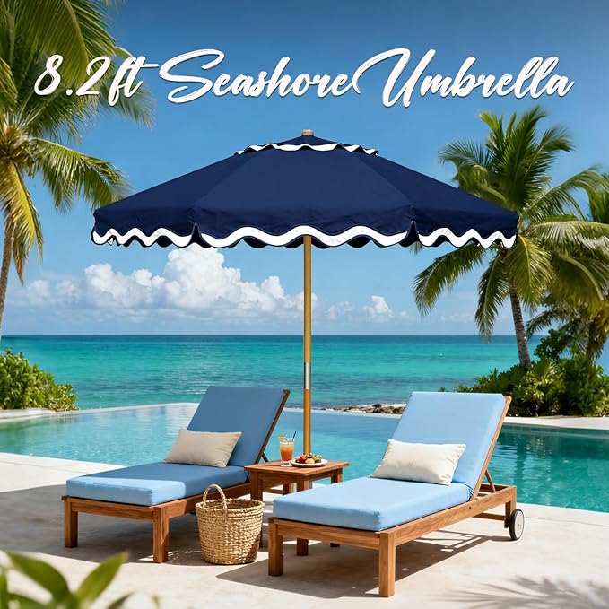 AMMSUN 8.2ft Vintage Wood Outdoor Umbrella, with a pulley system, UPF 50+, for markets, gardens, porches, courtyards, beach terraces, cafes, taverns, dining tables, pool sides, wedding venues