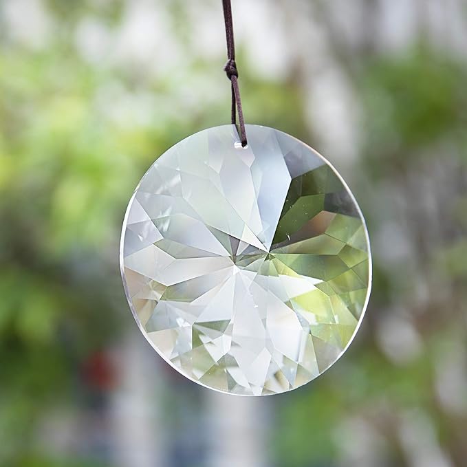 YU FENG Bauhinia Hanging Faceted Crystals Large Window Prisms Suncatcher | 3inch Round Crystal Ornament, Window Hanging Decor, Chandelier Pendant, Clear Sun Catcher Decoration
