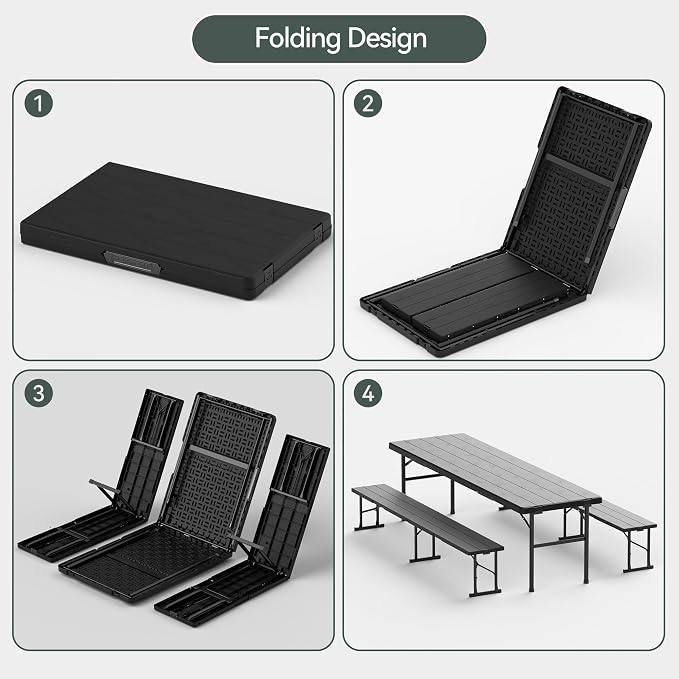 6FT All-in-One Folding Table and Chair Set, Seats 6-8, Chairs Store Inside to Form Carrying Case, Heavy Duty HDPE & Steel, Portable Space-Saving for Outdoor, Party, Camping, Picnic,Black
