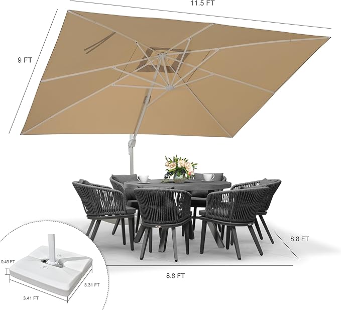 PURPLE LEAF 10' × 13' Patio Umbrella With Base White Cantilever Umbrella Square Outdoor Offset Umbrella Windproof with 360° Rotation for Garden Deck Pool, Beige