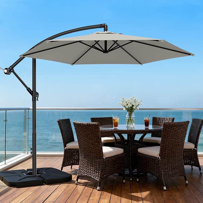 AreShark 10FT Patio Outdoor Umbrella, Offset Patio Umbrella Cantilever Umbrella, 6 Sturdy Ribs, Easy Adjustment for Garden Market Pool with Cross Base (Light Gray)