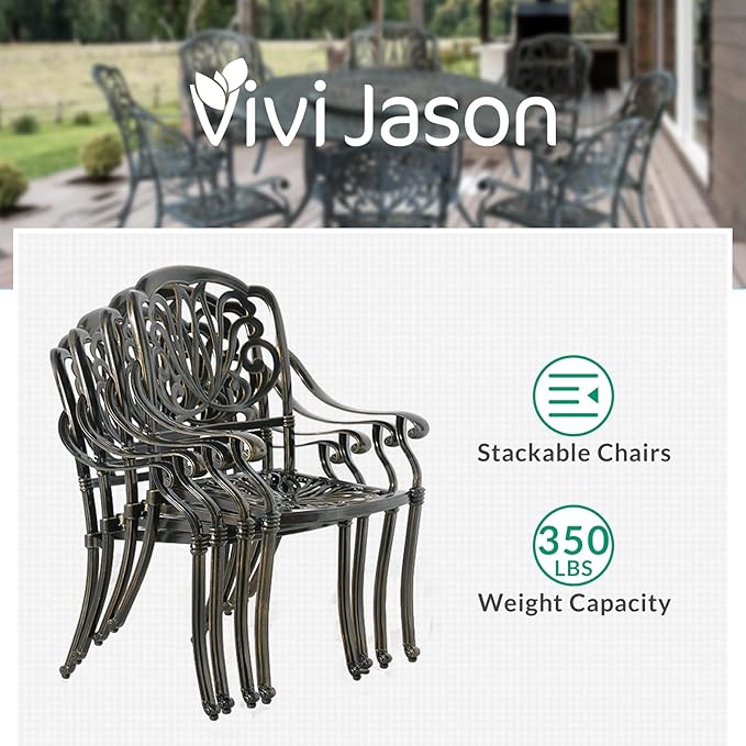 VIVIJASON 9-Piece Patio Furniture Dining Set, Rust-Free Cast Aluminum Outdoor Conversation Set, Include 8 Cushioned Chairs & 61" Round Dining Table with 31" Lazy Susan, Umbrella Hole, Red