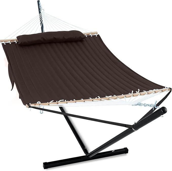 2 Person Hammock with Stand for Outside, Heavy Duty Steel Stand, Double 55inch Hammocks, Large Removable Pillow, Storage Bags, Max 475 lbs Capacity (Brown)
