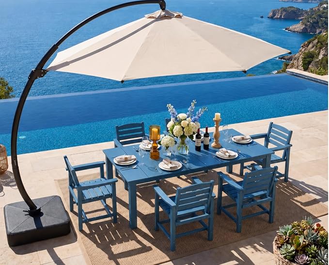 7-Piece Outdoor Dining Set with 11FT Umbrella for 6,Navy Blue | 75.2'' HDPE table, chairs included, weather-resistant furniture with hole, ideal for lawn, poolside, yard, garden, deck
