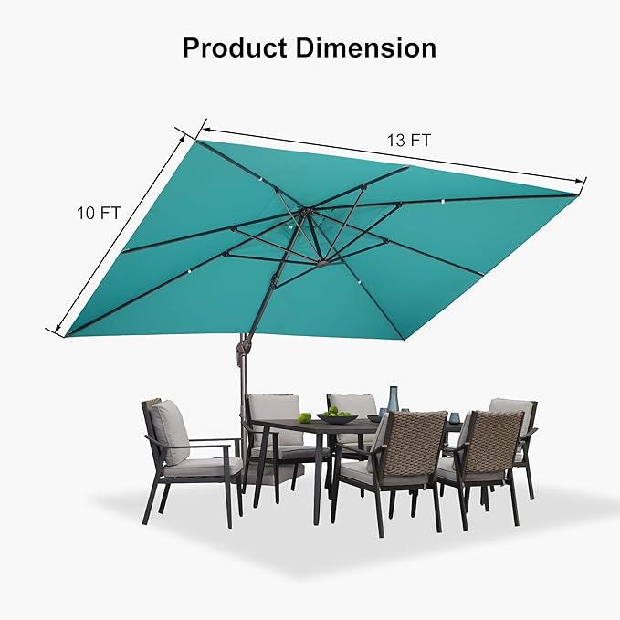 PURPLE LEAF 10' X 13' Patio Cantilever Umbrella with Base Rectangle Umbrella Outdoor with Aluminum Offset Antique Bronze Hanging and 360° Rotation for Pool Garden Deck Patio, Turquoise