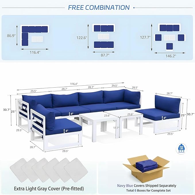 NICESOUL 6 Seat Oversized Modern Aluminum Patio Furniture Set, All Weather Rust Proof Modular Sectional Sofa with Coffee Table, 500 lbs Heavy Duty Comfy Outdoor Couch for Garden Backyard, Navy Blue
