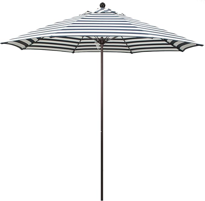 California Umbrella 9' Round Contract Grade Patio Umbrella, Push Open, Bronze Finish, Navy/White Olefin