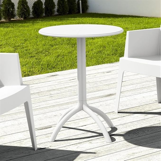 Pemberly Row Round Patio Bistro Table, 23 in Diameter, Resin Polypropylene, White Finish, UV Resistant, Durable Outdoor Dining Table for Pool, Beach, Heavy Use Areas