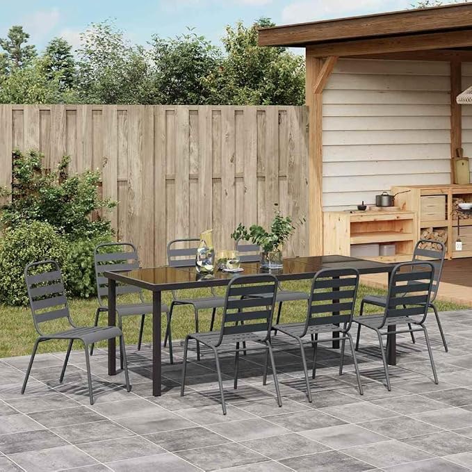 9 Piece Outdoor Garden Dining Set, Anthracite Powder-Coated Steel Patio Table and 8 Chairs, Industrial Metal Furniture for Backyard, Deck, and Lawn