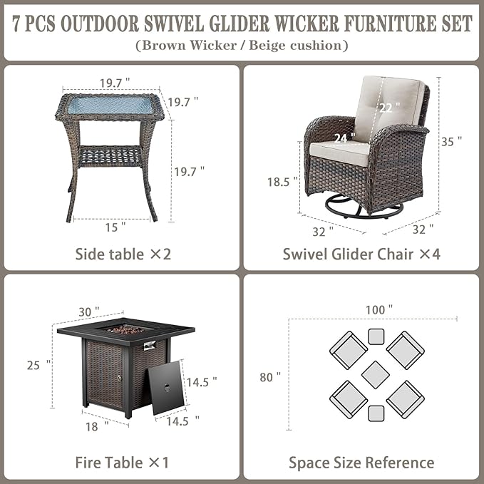 Belord 7 Piece Wicker Patio Furniture Set with 30" Fire Pit Table - Outdoor Swivel Rocker Chairs Set of 4 with Glass Side Tables Set of 2, Patio Conversation Set for Casual Gathering Brown/Beige