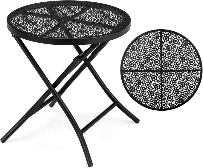 Folding Outdoor Side Tables, Small Patio Table Round Metal End Table with Flower Cutouts for Porch Yard Balcony Deck Lawn, Black