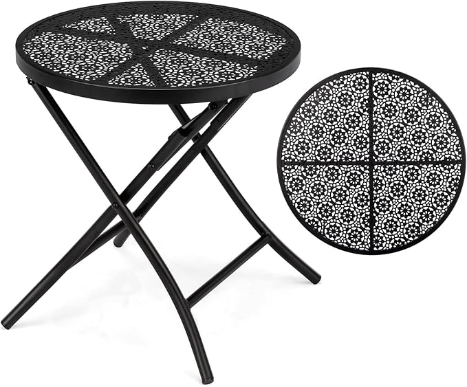 VINGLI Outdoor Folding Side Table with Chic Hollow Pattern and Durable, Rust-Resistant Coated Iron Patio Bistro Table Suitable for Indoor & Outdoor Porch, Deck, Balcony and Pool,Black