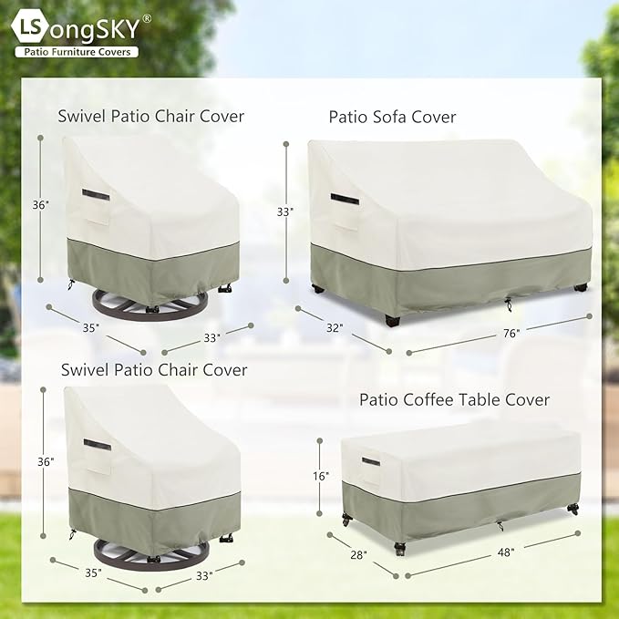 Patio Furniture Covers 4 Piece Set, 600D Heavy Duty Outdoor Furniture Covers Waterproof for Patio 3-Seater Sofa,Swivel Rocker Chair and Coffee Table Furniture Set,White&Grayish Green