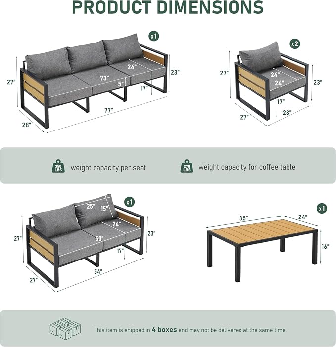 Furnimart Patio Furniture Set, 5-Piece Metal Outdoor Sectional, 7-Seat Patio Conversation Set with Deep Seating, Thick Cushions & Coffee Table for Backyard, Porch & Deck, Gray