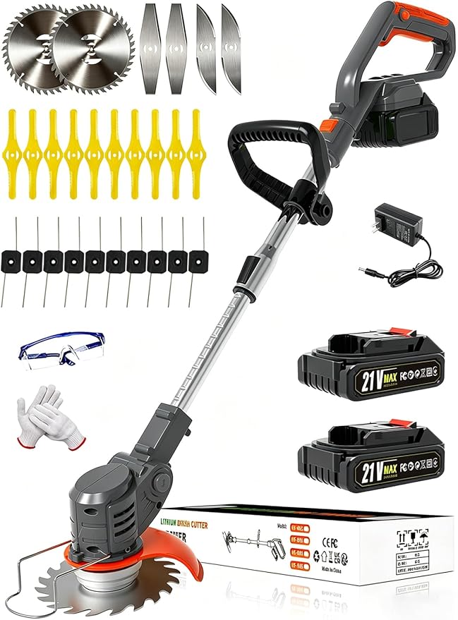 Electric Weed Wacker Cordless Battery Powered,20V Lightweight Weed Trimmer Eater with 2 Battery and Charger,3 in 1 Grass Trimmer/Brush Cutter/Lawn Edger with 26 Blade for Yard,Garden