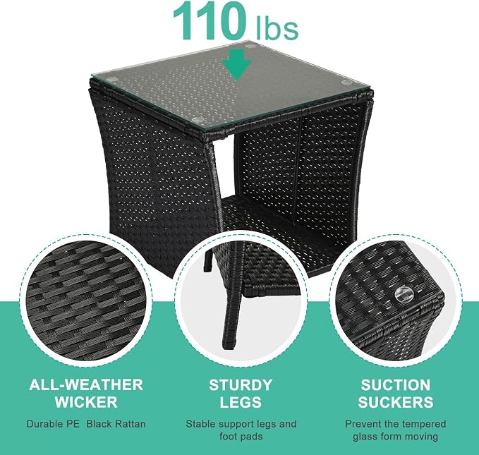 HOMSUPPLIE'S Outdoor Rattan Side Table with Storage, Square Patio Coffee Table w/Tempered Glass Top, Wicker End Table for Porch, Balcony, Poolside & Backyard(Black,Tempered Glass sty.3)