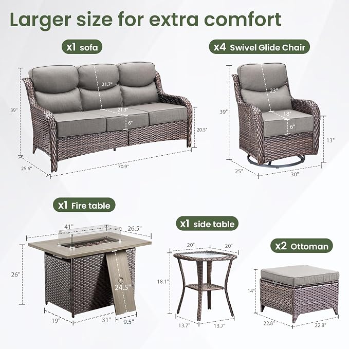 Luxury Patio Furniture Set with 6-inch Thick Cushion, Outdoor Furniture with Fire Pit Table, Swivel Chairs, Sofa, Side Table, Ottomans, 9pcs Wicker Conversation Set(Brown Wicker/Grey Cushion)