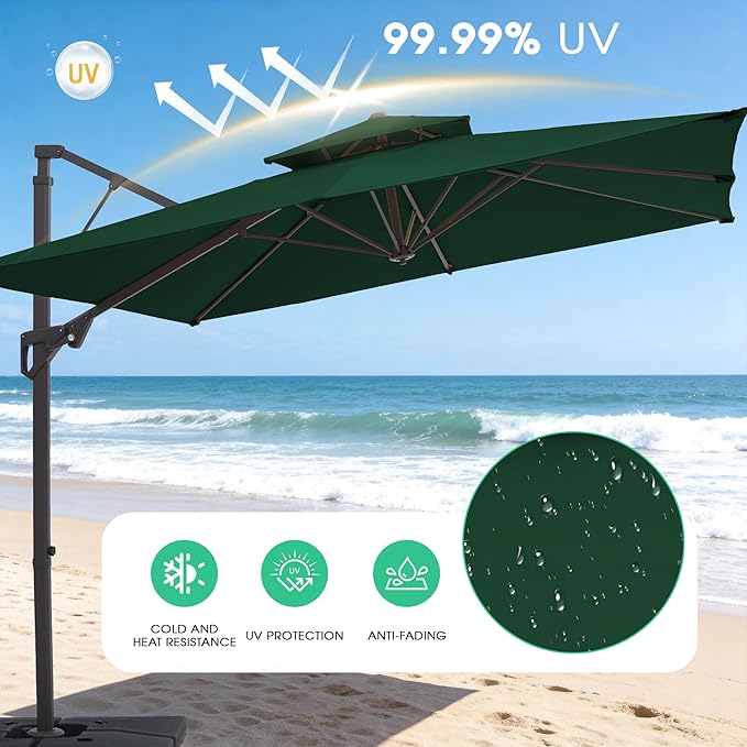 JEAREY 11ft 2-Tier Cantilever Patio Umbrella, Large Square Outdoor Offset Umbrella with Double Top Vent and 360-degree Rotation for Garden, Deck, Pool, Patio, Dark Green