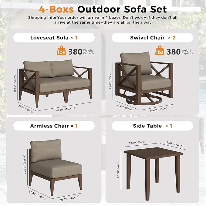 Aluminum Patio Furniture Set,5-Seats Patio Sectional Conversation Sofa with 5.2" All-Weather Cushions and 2 Swivel Rocking Chairs,Outdoor Furniture Set for Deck, Porch, Garden (Brown)