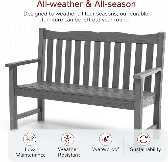 Stoog 3 Piece Outdoor Bench & Outdoor Chairs Set, All-Weather HIPS Patio Furniture Set, Include 1 Patio Bench and 2 Patio Chairs, Grey